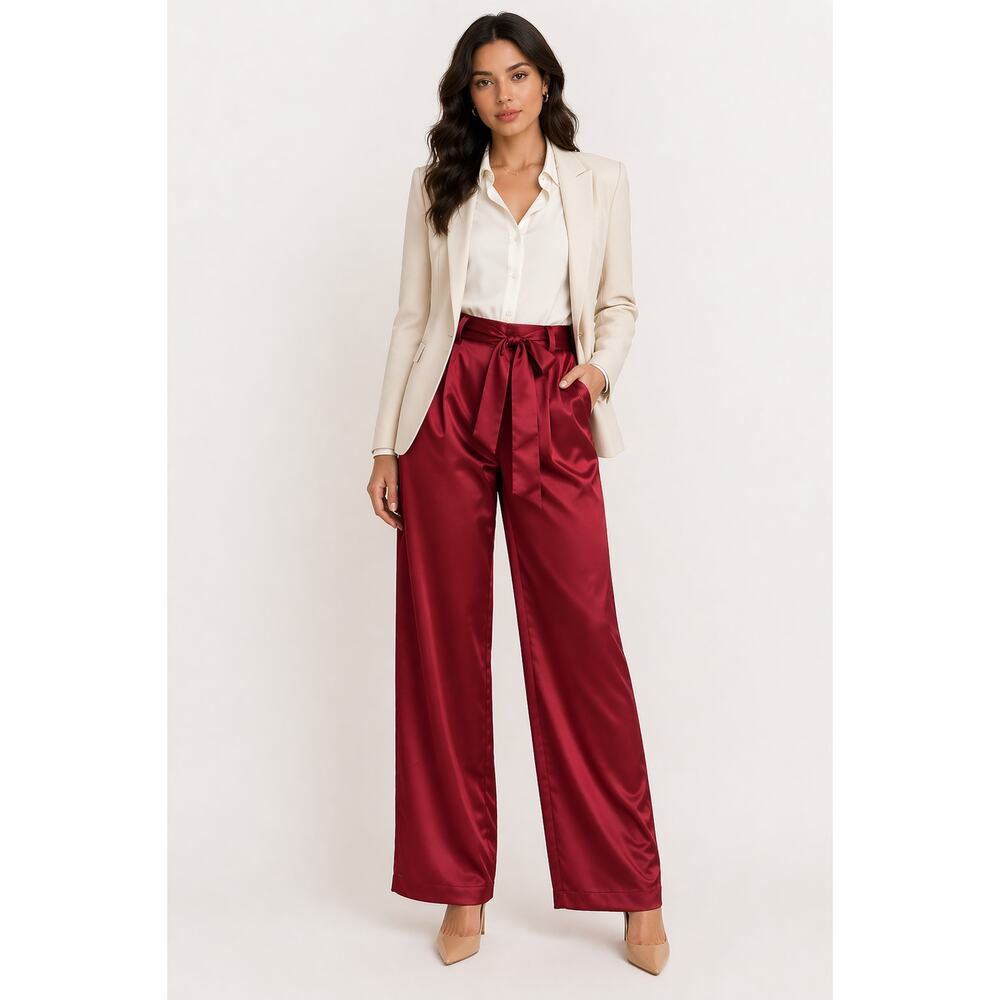 Sally LaPointe Satin Pants Red Maroon Tie Front Belt Dressy Women USA Made Sz 0
